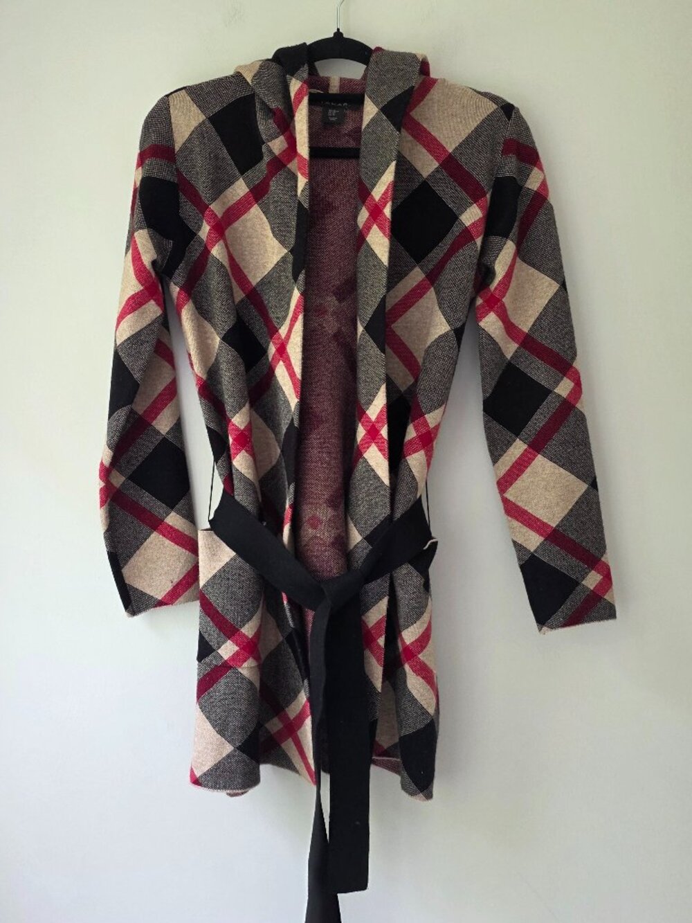 T. TAHARI Long Hooded Cardigan | XS | Tie Belt Pockets Plaid Red Black Camel